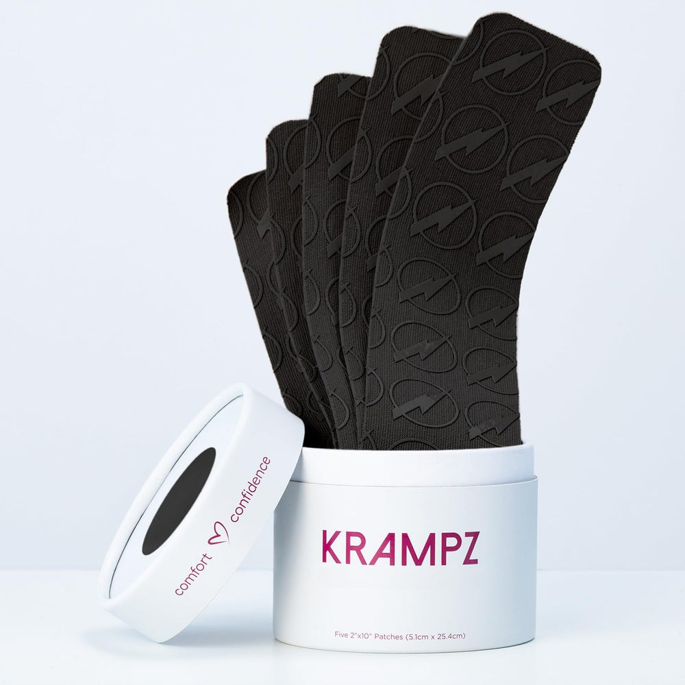 Krampz relief patches close-up on mineral-infused fabric suggesting gentle warmth and comfort.