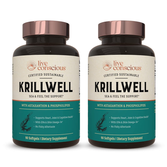 Live Conscious KrillWell bottle showing sustainable krill oil, Pack of 2
