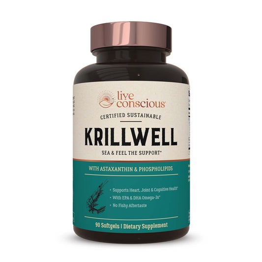Live Conscious KrillWell bottle and capsules on white background