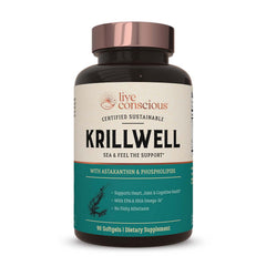 Live Conscious KrillWell bottle and capsules on white background