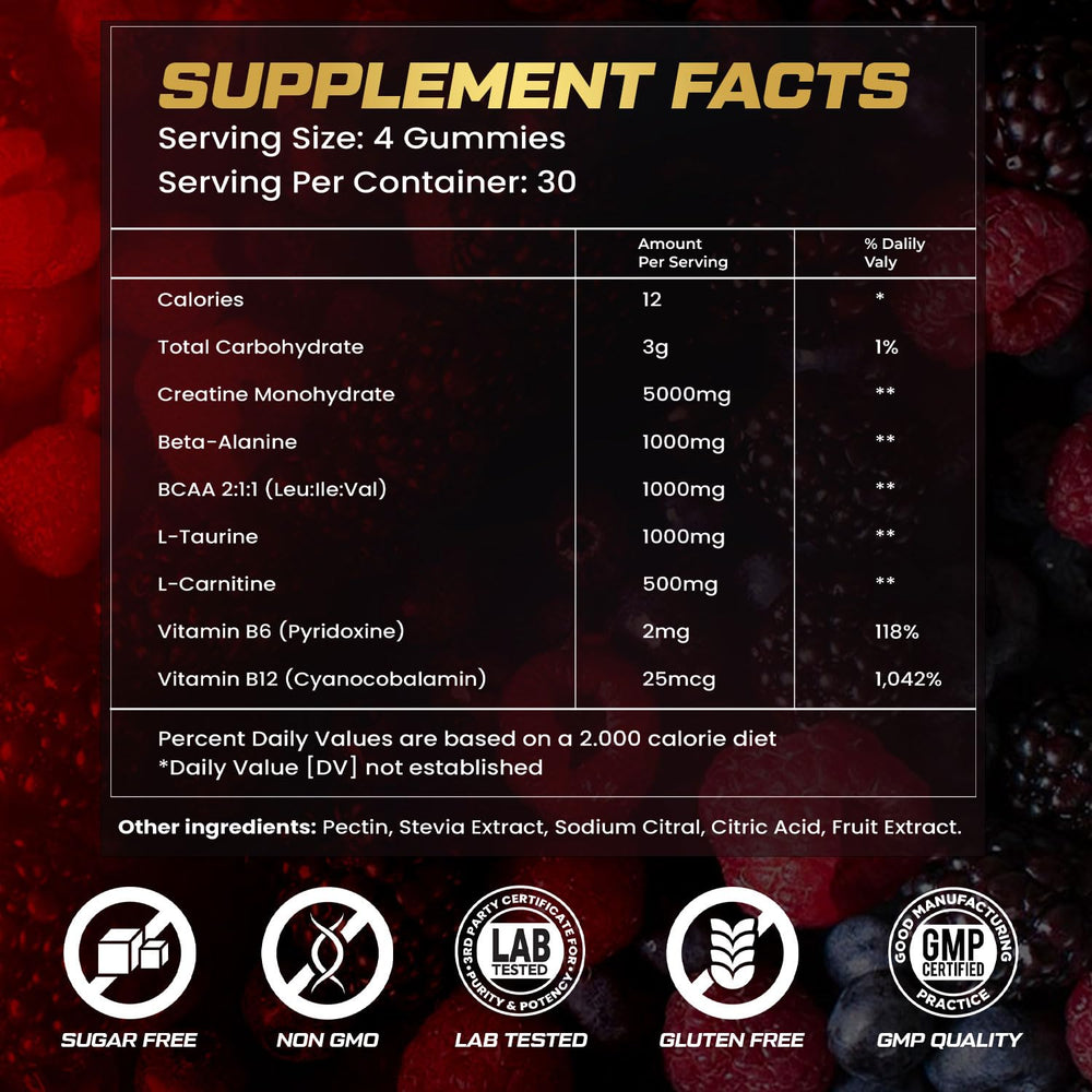 Vegan, non-GMO, sugar-free creatine gummies packaging