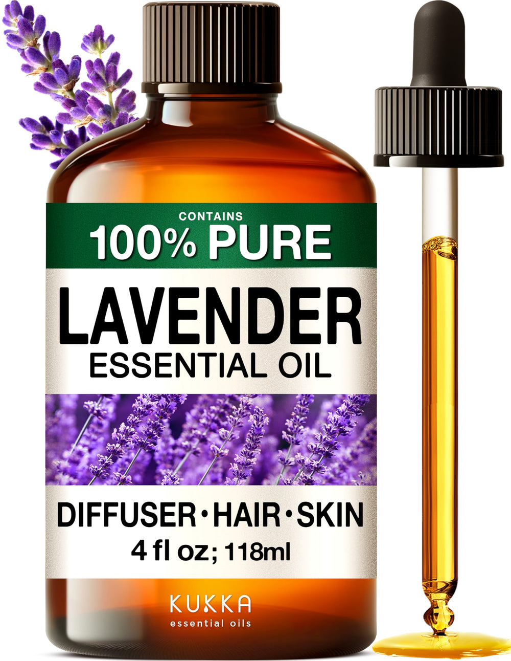 Hero shot of KUKKA Lavender Essential Oil 4 oz bottle