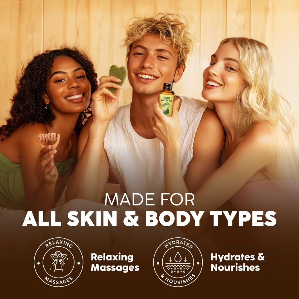 3.4 fl oz bottle labeled Sore Muscle Massage Oil