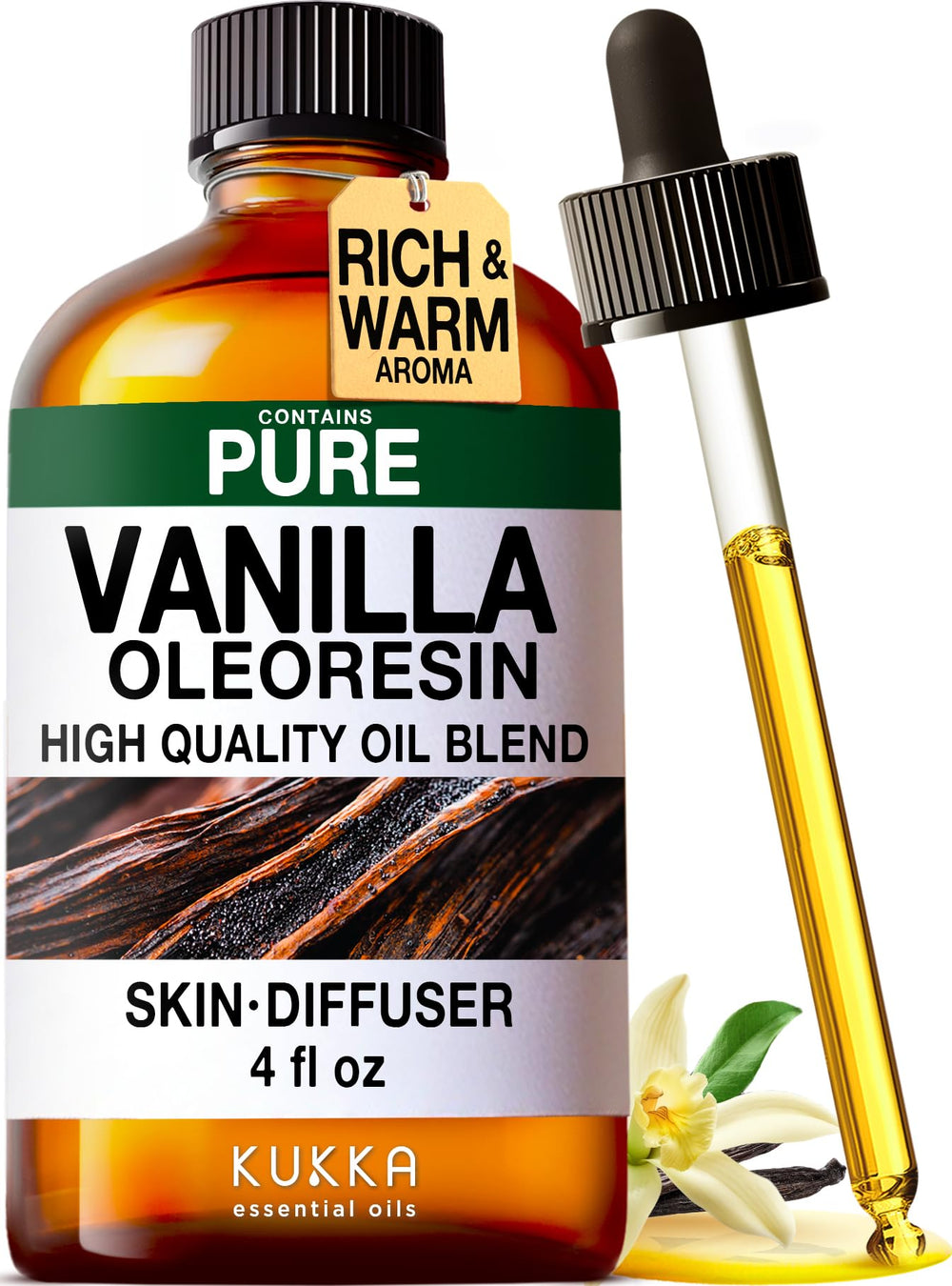 KUKKA Vanilla Essential Oil 4 oz in amber glass bottle with dropper