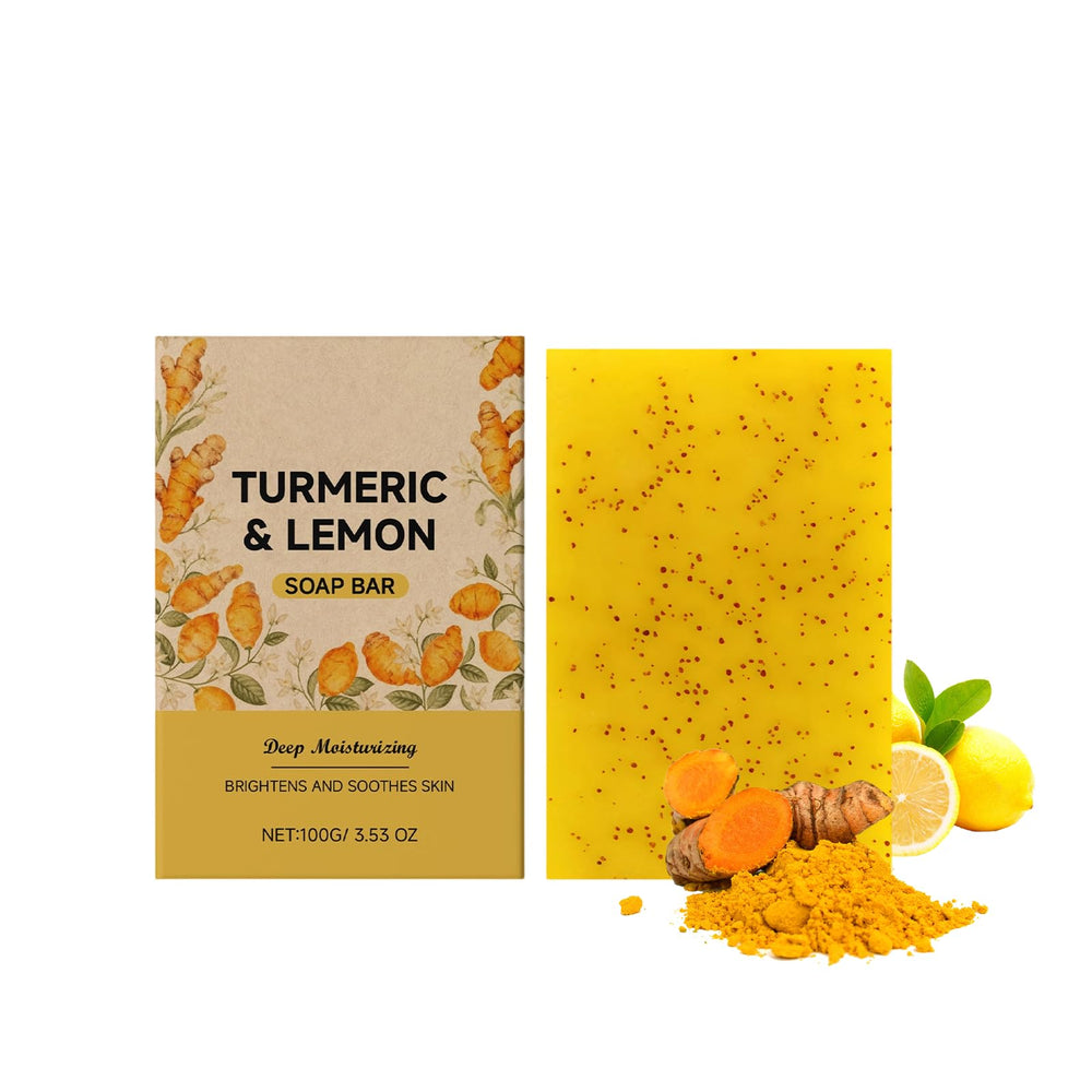 KunMan lemon turmeric honey soap packaging and bars shown, highlighting eco-friendly design for daily cleansing