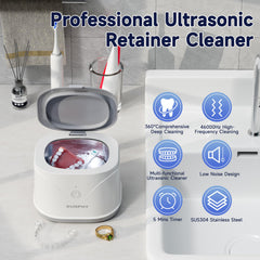 Front view of the cleaner showing 46kHz capability for dentures, braces, and aligners