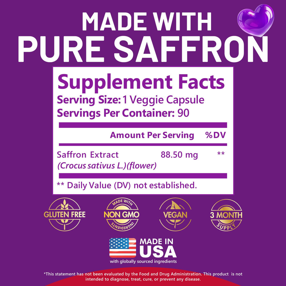 90-capsule bottle overview of Kwala saffron mood and energy supplement