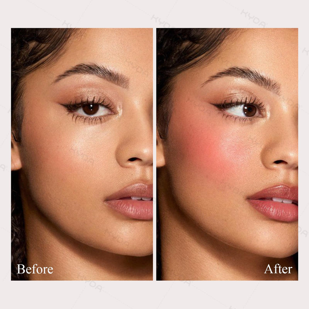 KYDA blush swatch on cheek showing buildable color
