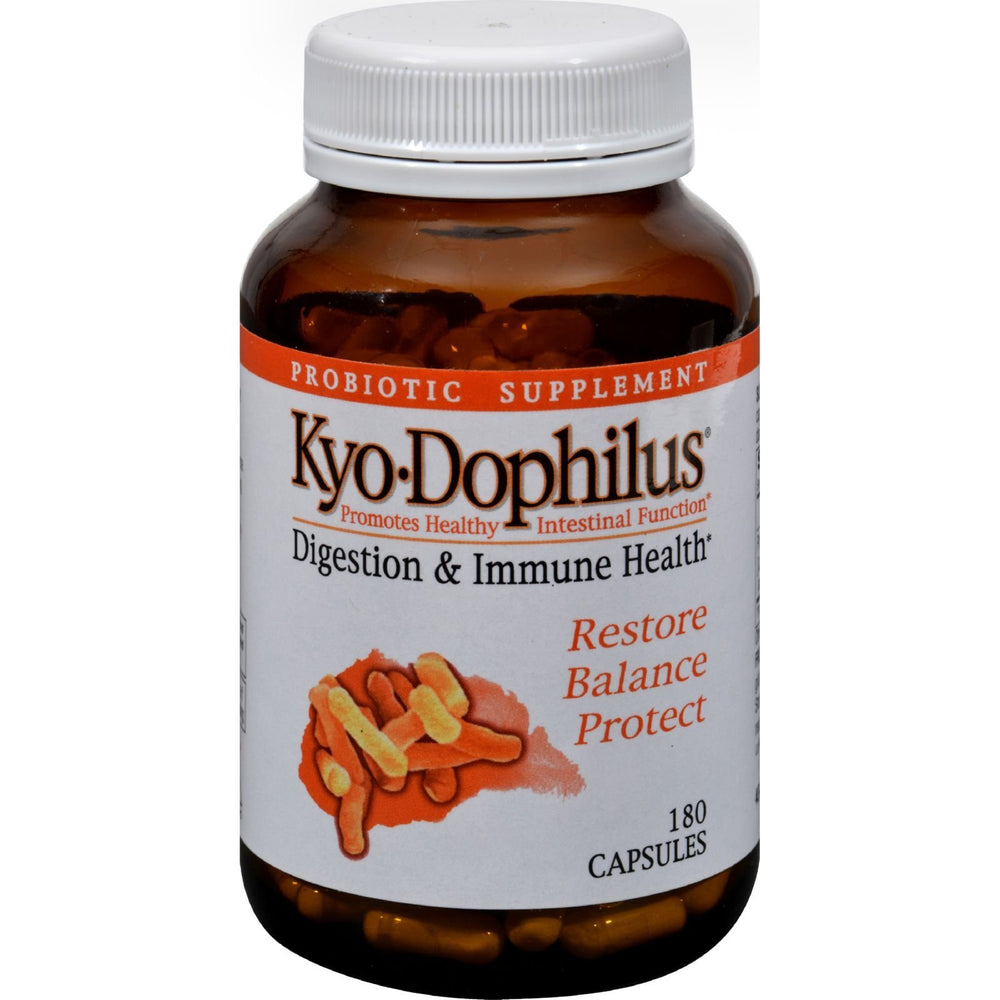 Close-up of KYO-DOPHILUS bottle label showing 180 capsules