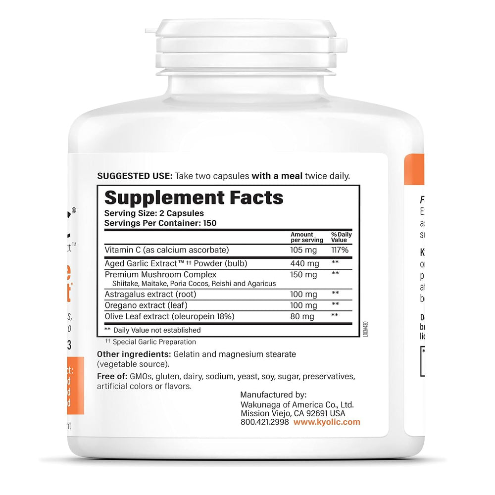 Ingredients: mushroom complex, astragalus, vitamin C, oregano and olive leaf