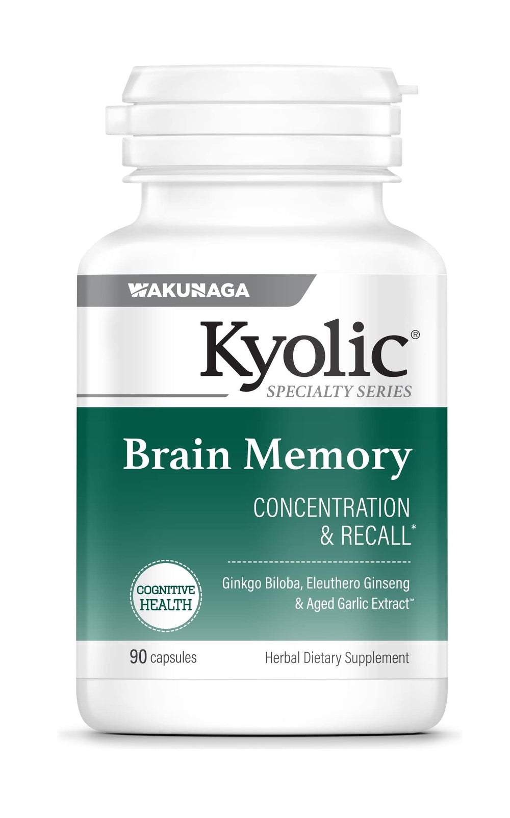 Kyolic Specialty Series Brain Memory supplement bottle with triple-extract herbs