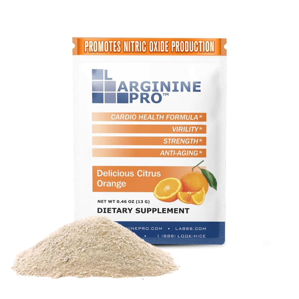 L-ARGININE PRO bottle with packets, high-dose formula for endurance support.