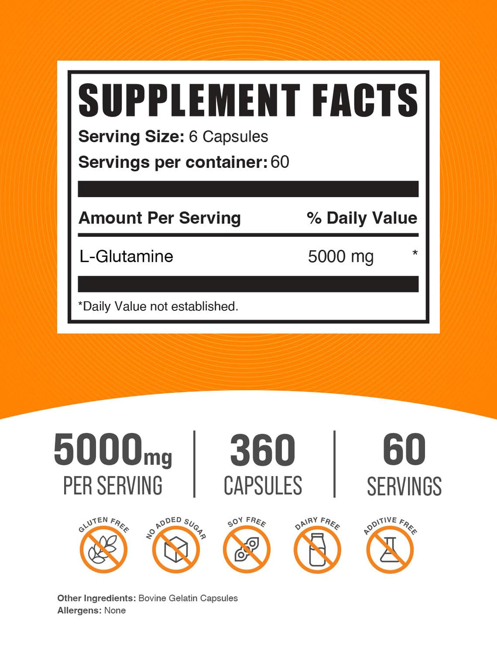 Close-up of L-Glutamine capsules showing 5000mg dosage