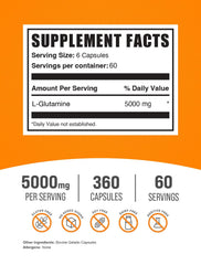 Close-up of L-Glutamine capsules showing 5000mg dosage