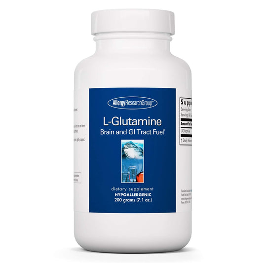 L-Glutamine powder bottle and scoop on white background