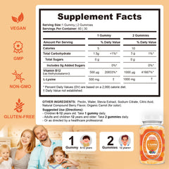 Back label of L-Lysine Gummies bottle showing 1000mg L-Lysine and 1000mcg Vitamin B12