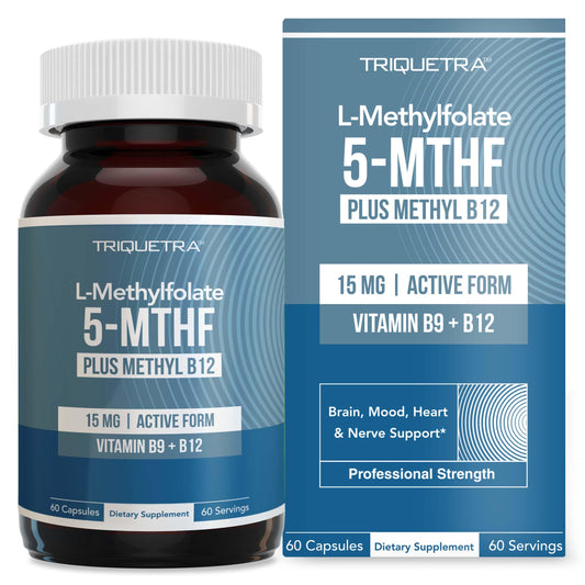 Bottle front view of L-Methyl Folate 15mg + Methyl B12 supplement, 60 servings