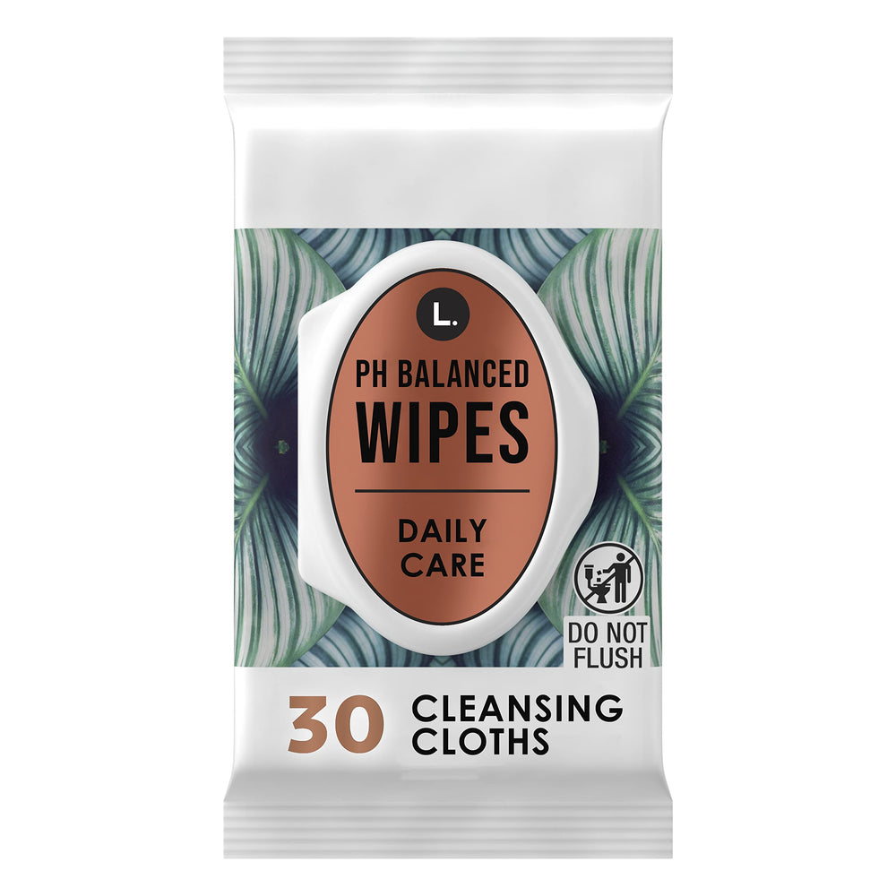 L. pH Balanced Wipes fragrance-free package front for daily intimate care.