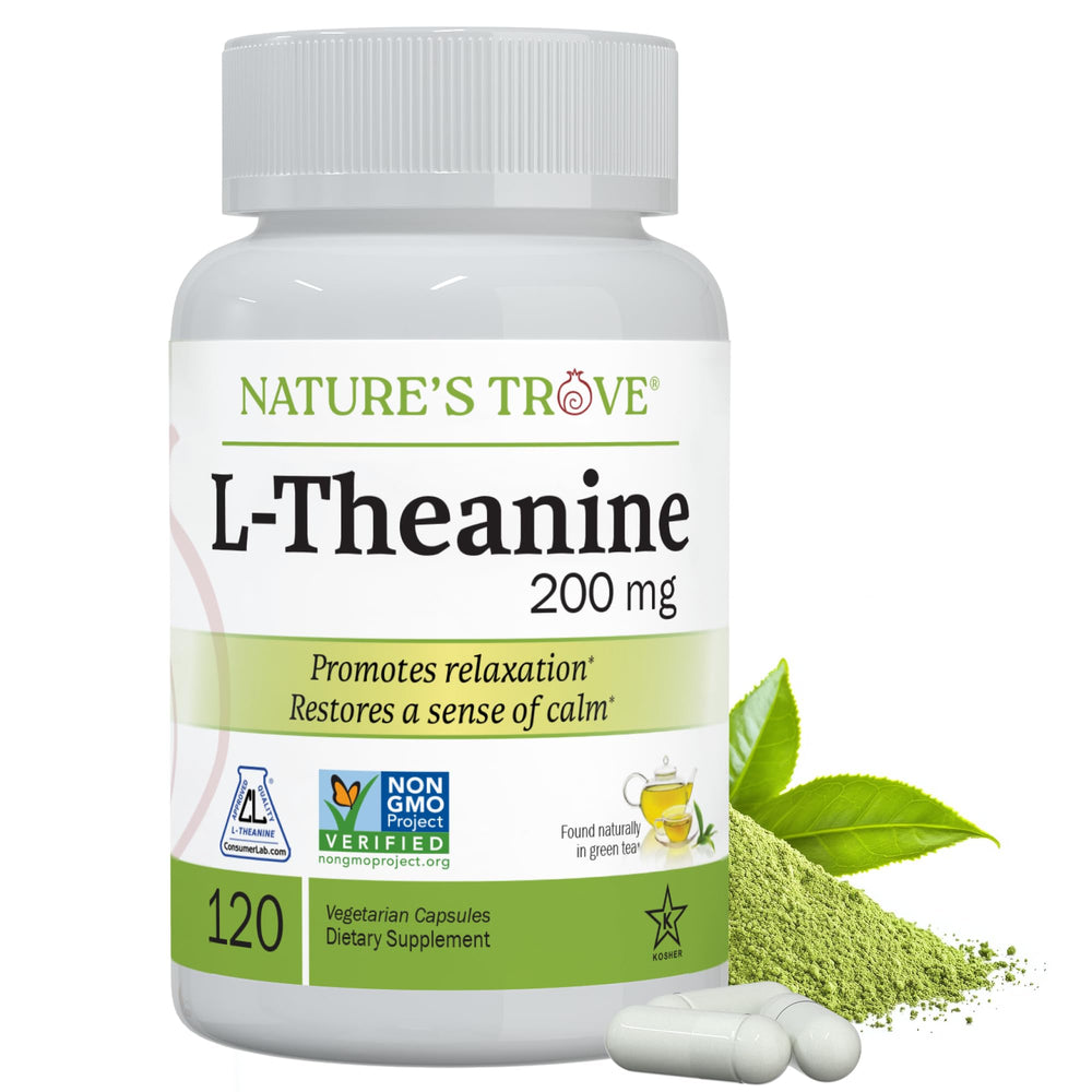 Bottle of L-Theanine 200mg by Nature's Trove - 120 Vegetarian Capsules