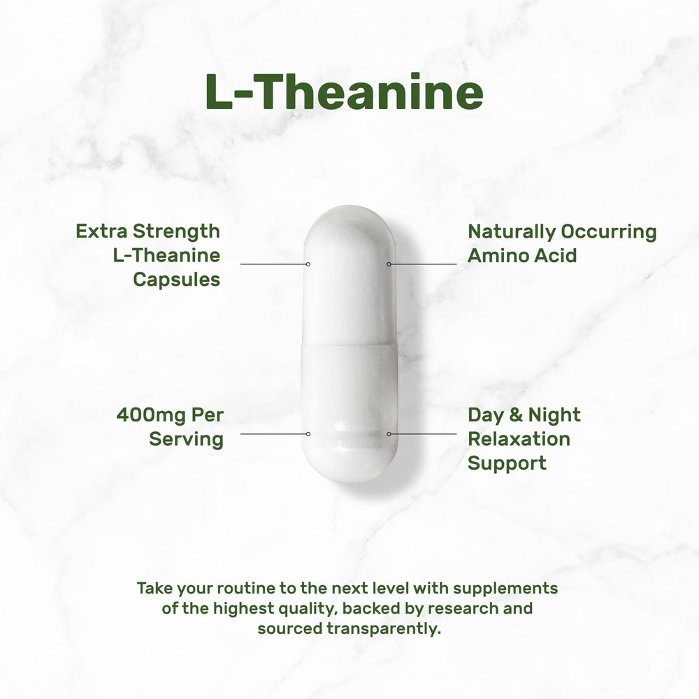 Front view of extra strength L-Theanine 400mg packaging