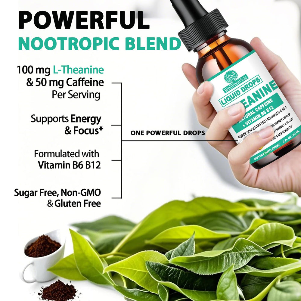 Close-up of ingredient label highlighting L-Theanine, Caffeine, Vitamin B12 and B6