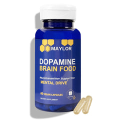 Bottle of L-Tyrosine dopamine brain food supplement with 650mg per serving, vegan capsules.