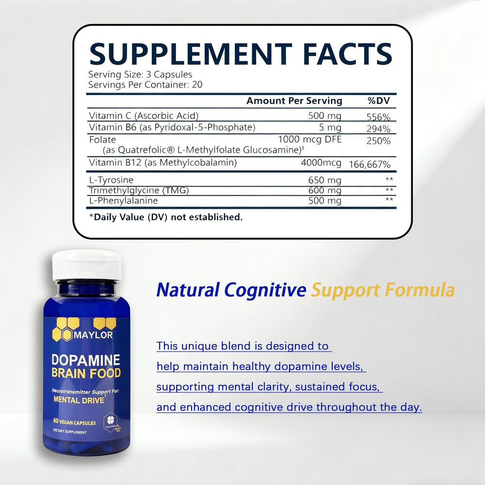 Close-up of vegan capsules from L-Tyrosine brain food supplement bottle.