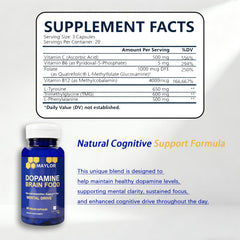 Close-up of vegan capsules from L-Tyrosine brain food supplement bottle.