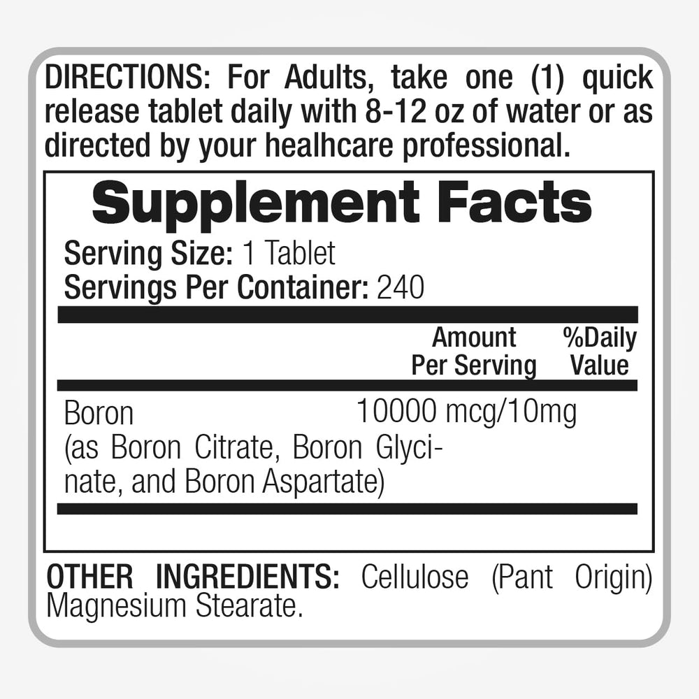 Ingredients and nutrition facts panel of Boron supplement