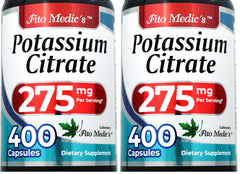 Potassium Citrate supplement bottle label showing 400 capsules and 275 mg