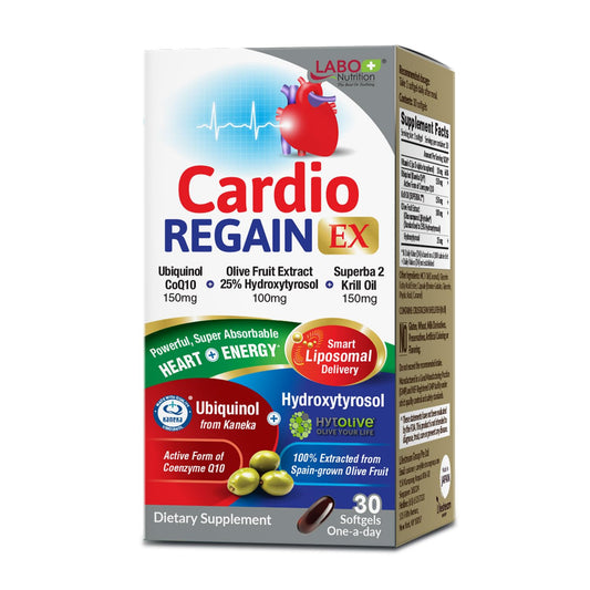CardioREGAIN EX ubiquinol CoQ10 150 mg bottle with olive extract and krill oil