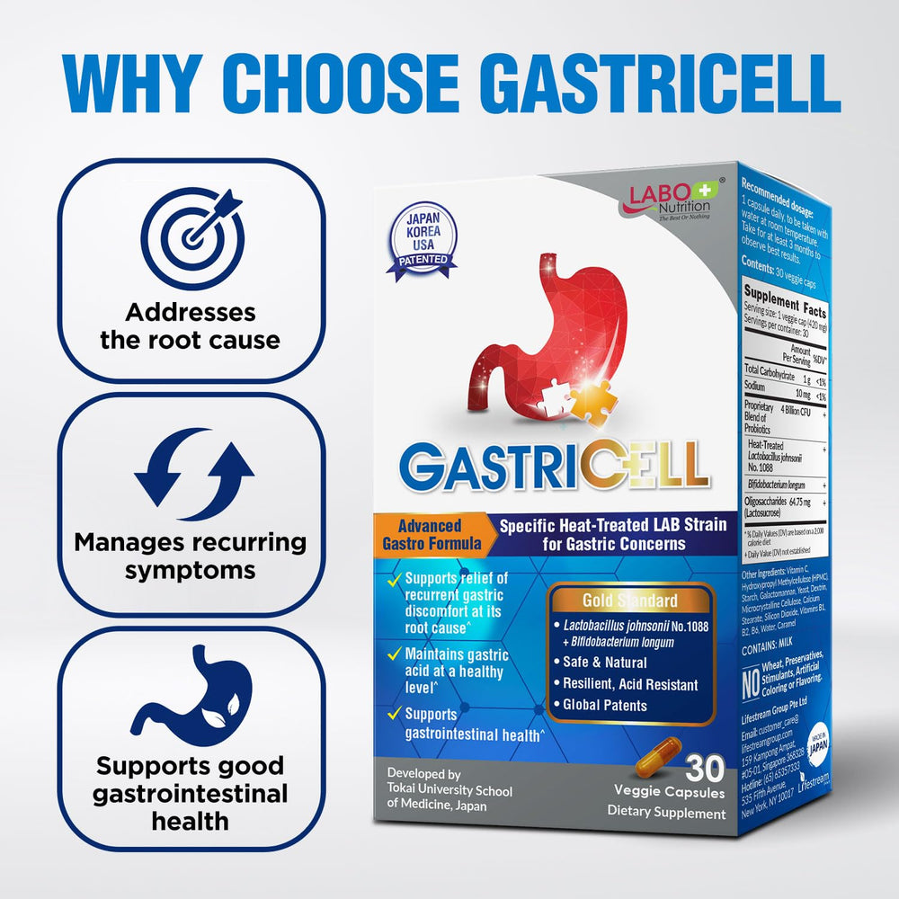 LABO Nutrition GASTRICELL capsules close-up highlights heat-treated probiotic for stomach resilience.
