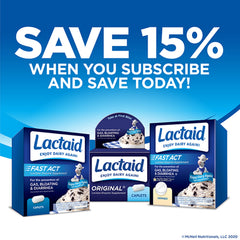 Lactaid Fast Act chewables in hand ready to take with dairy.