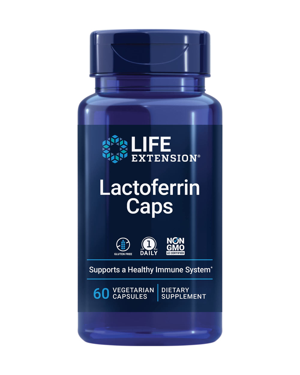 Life Extension Lactoferrin Caps bottle and label showing 60 capsules