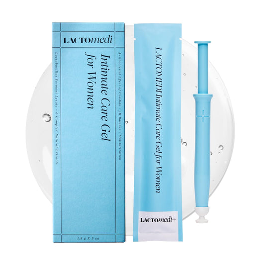 LACTOMEDI Intimate Gel box packaging highlighting a discreet five-dose care package for home pH balance support.