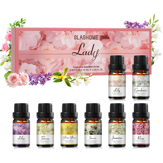 8x10ml Lady Floral Essential Oils set arranged in a display