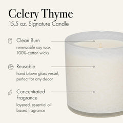 Close-up of Celery Thyme candle showing the reusable glass vessel