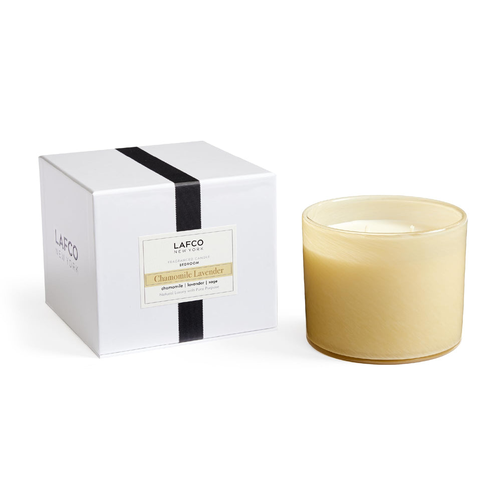 LAFCO New York Chamomile Lavender 3-wick candle in a clear hand-blown glass vessel.