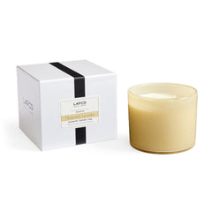 LAFCO New York Chamomile Lavender 3-wick candle in a clear hand-blown glass vessel.