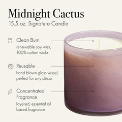 Close-up of the hand-blown glass vessel for Midnight Cactus candle