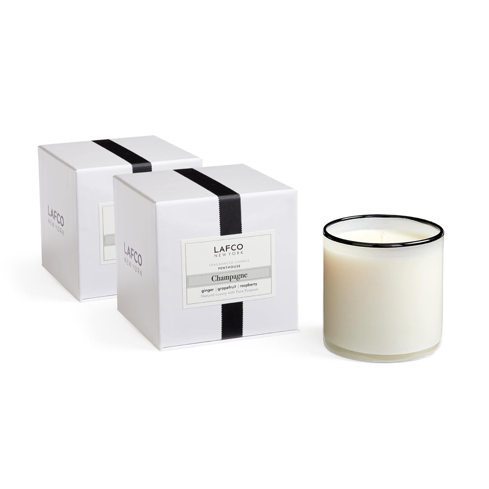 LAFCO New York Signature Candle Champagne close-up highlighting hand-blown glass vessel for elegant ambiance.