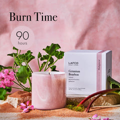 LAFCO New York Signature Candle Geranium Bourbon label detail highlighting craft and story