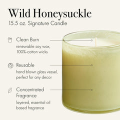 Close-up of the Wild Honeysuckle scent label on the candle