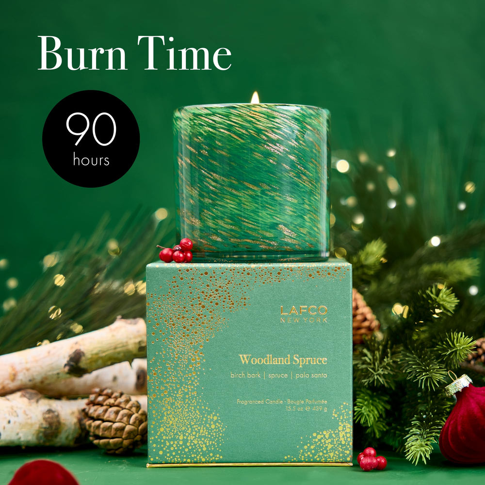 Label indicating 90-hour burn time for Woodland Spruce candle