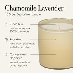 Close-up of the hand-blown glass vessel for Chamomile Lavender candle.
