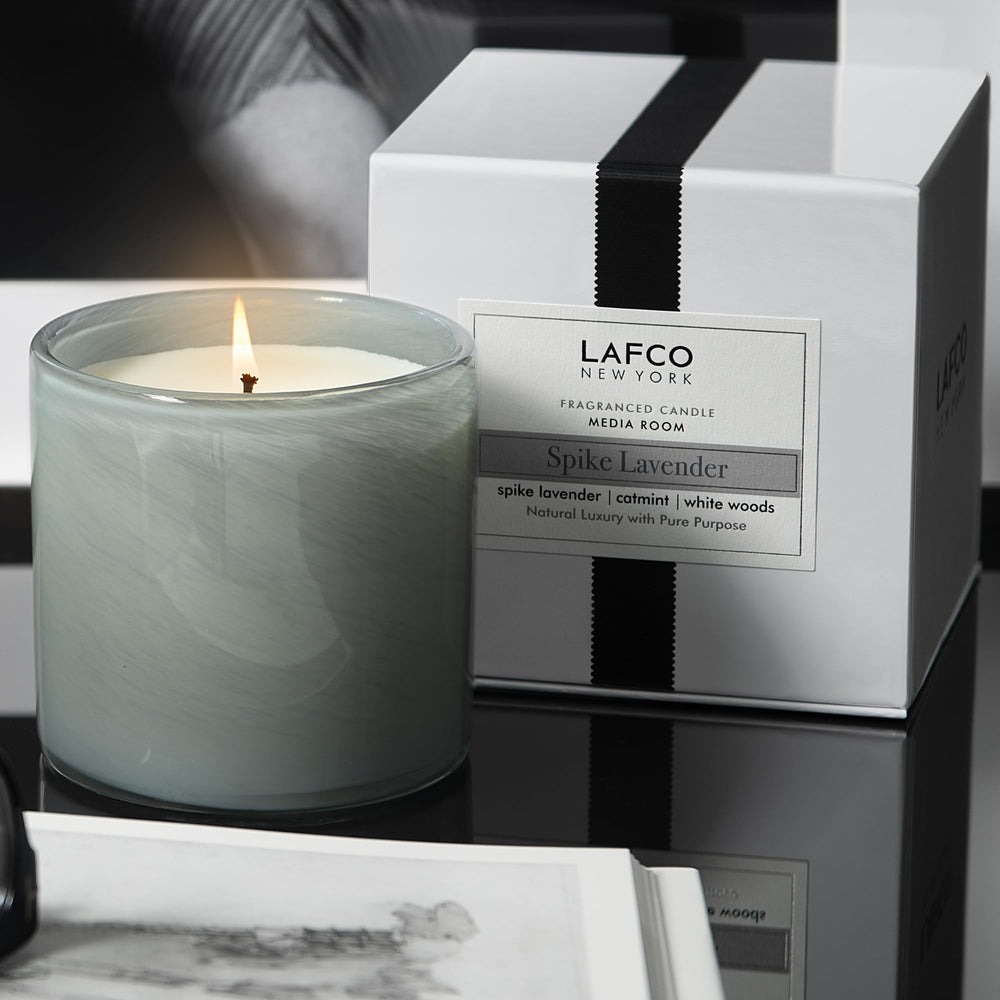 LAFCO Spike Lavender candle in a living room setting (Media Room mood)