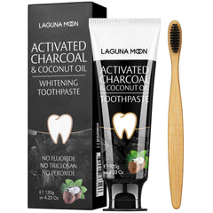 Lagunamoon Charcoal Toothpaste tube with mint leaves