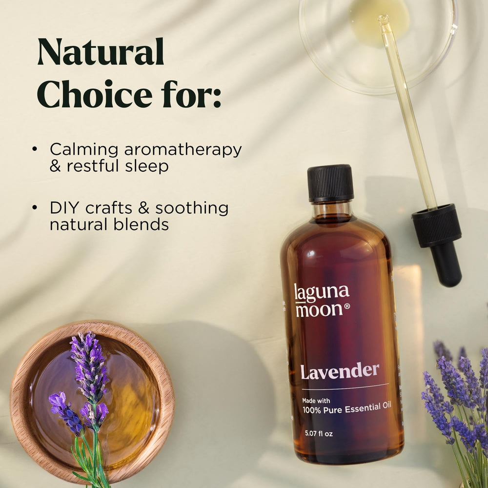 Amber glass bottle of Lagunamoon Lavender Essential Oil close-up