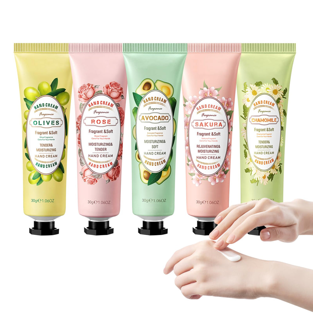 Laikme 5-pack hand cream set flatlay shows five fragrances for daily hydration