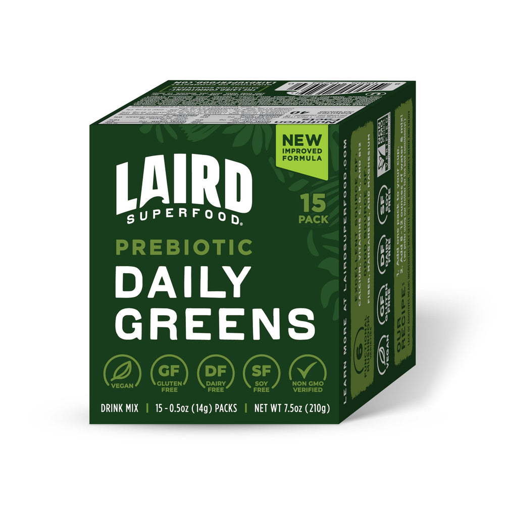 Front view of Laird Superfood Prebiotic Daily Greens powder sachets